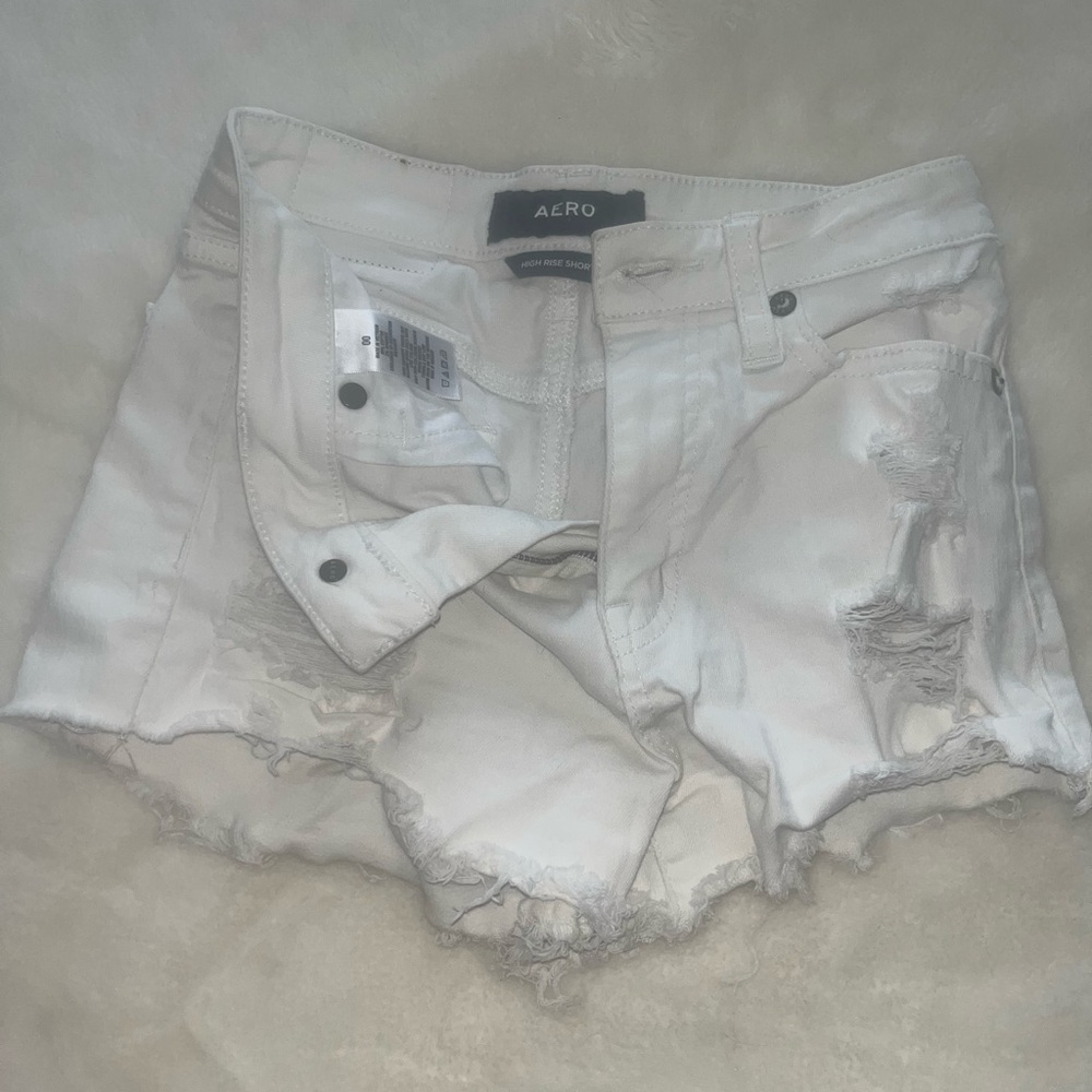 AERO Distressed White Denim Shorts